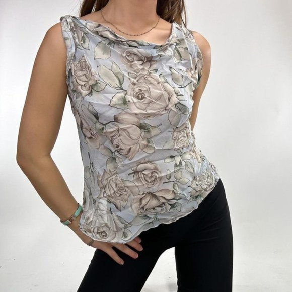 Late 90s Flora Silk Cowl Neck Tank Top - Picture 4 of 6